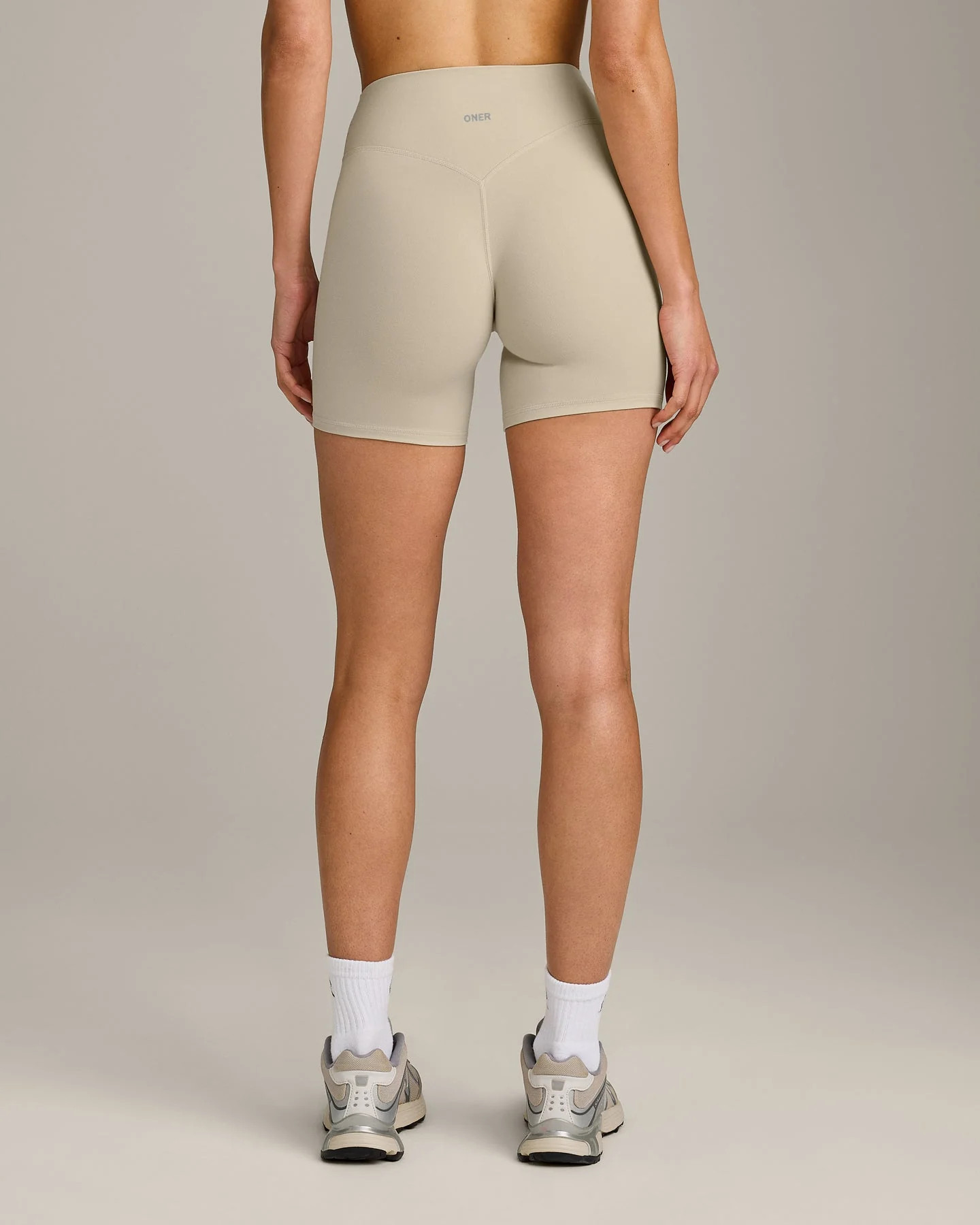 SoftMotion\u2122 High Waisted Shorts 6" with Gray Logo 
 Oatmeal | Oner Active (UK / US)
