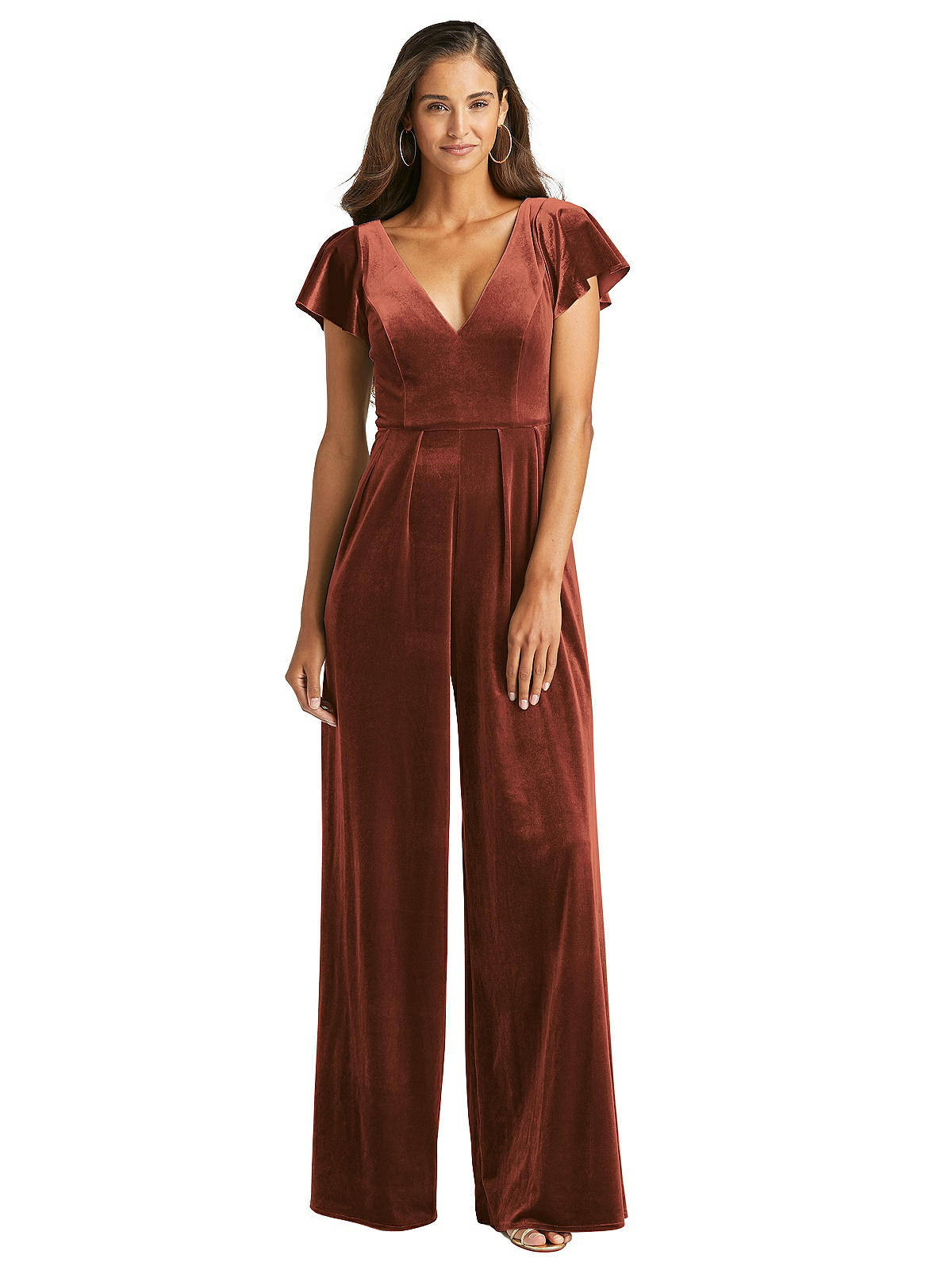 Flutter Sleeve Velvet Jumpsuit with Pockets | The Dessy Group
