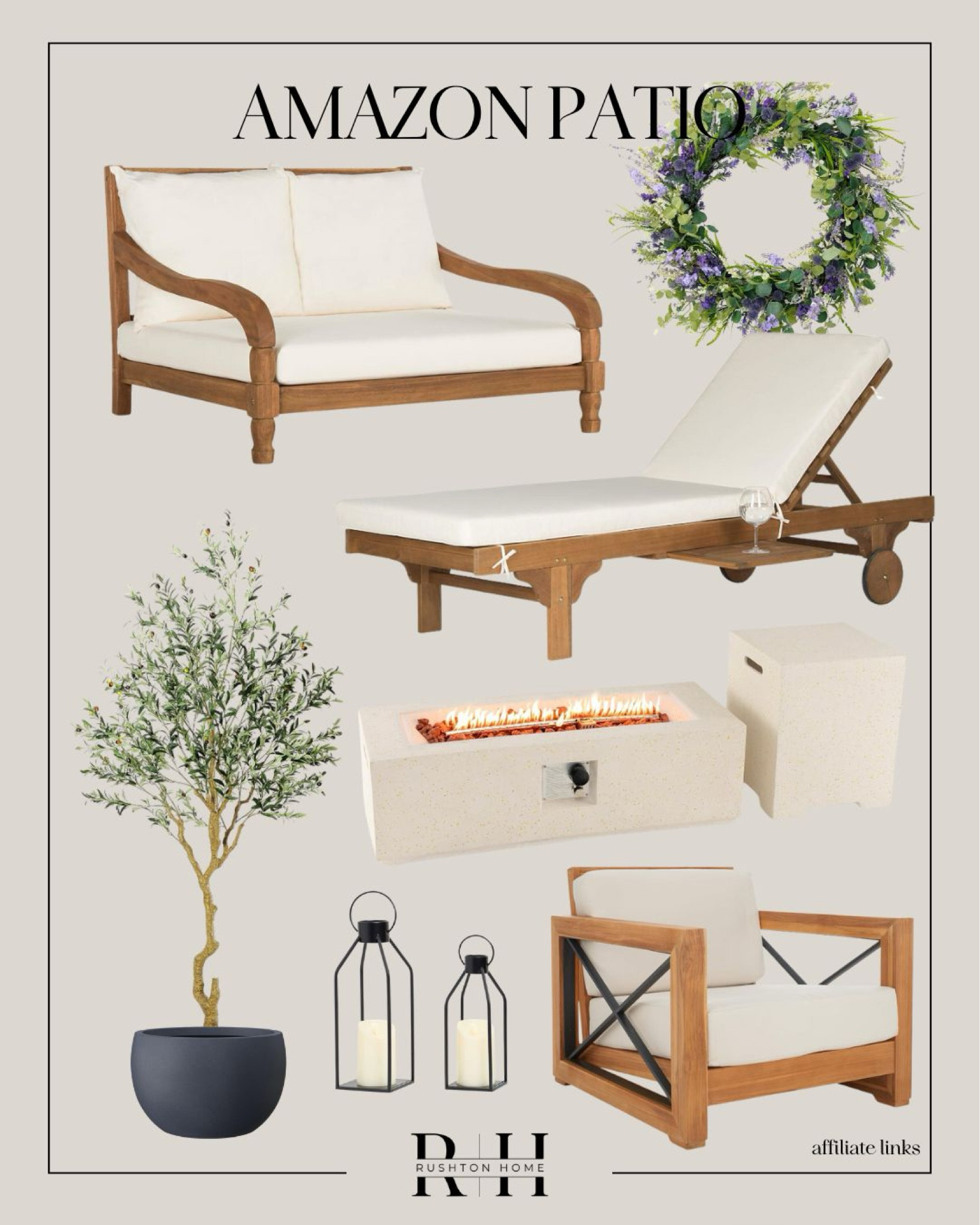 Patio upgrade! This wood lounger and couch will finish off a traditional or european patio beautifully! Loving these minimal lanterns too! Also, we have this wreath and it is the most beautiful and realistic wreath I’ve ever seen in person!!

White firepit, wood chairs, wood patio chairs, olive tree, minimal lanterns, patio lanterns, purple wreath, summer wreath, traditional patio furniture

#LTKHome