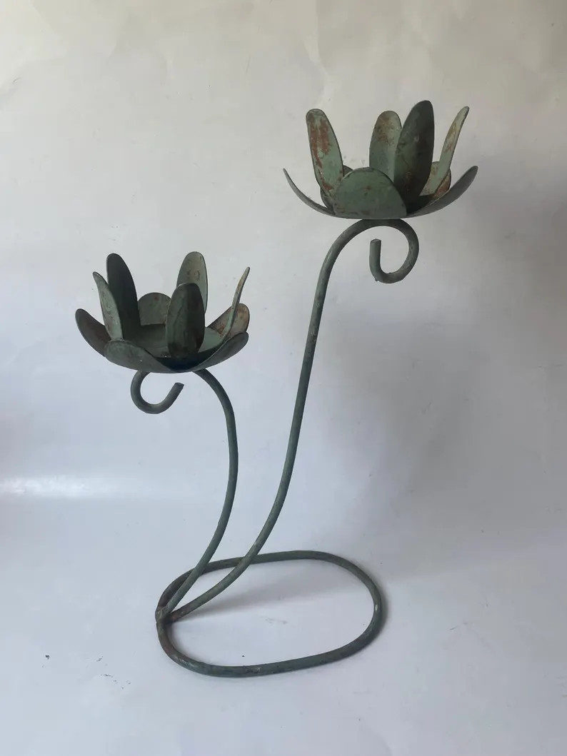 1960s 1970s Rustic Green Metal Double Prong Lotus Candelabra Candle Holder Graduated Height - Ets... | Etsy (Global)