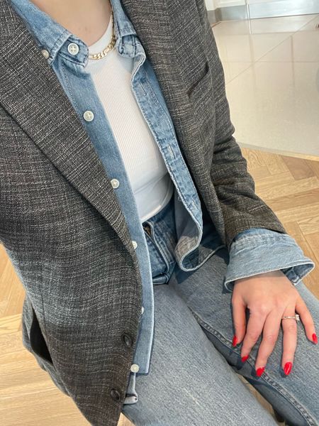 Double denim casual office outfit ✨

Casual workwear, denim shirt, jeans, Abercrombie, oversized blazer, spring layers, layering 

#springstyle #springworkwear #doubledenim #denimshirt #layering 

#LTKfindsunder50 #LTKworkwear #LTKstyletip