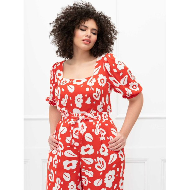 ELOQUII Elements Women's Plus Size Square Neck Stencil Print Puff Sleeve Crop Top | Walmart (US)