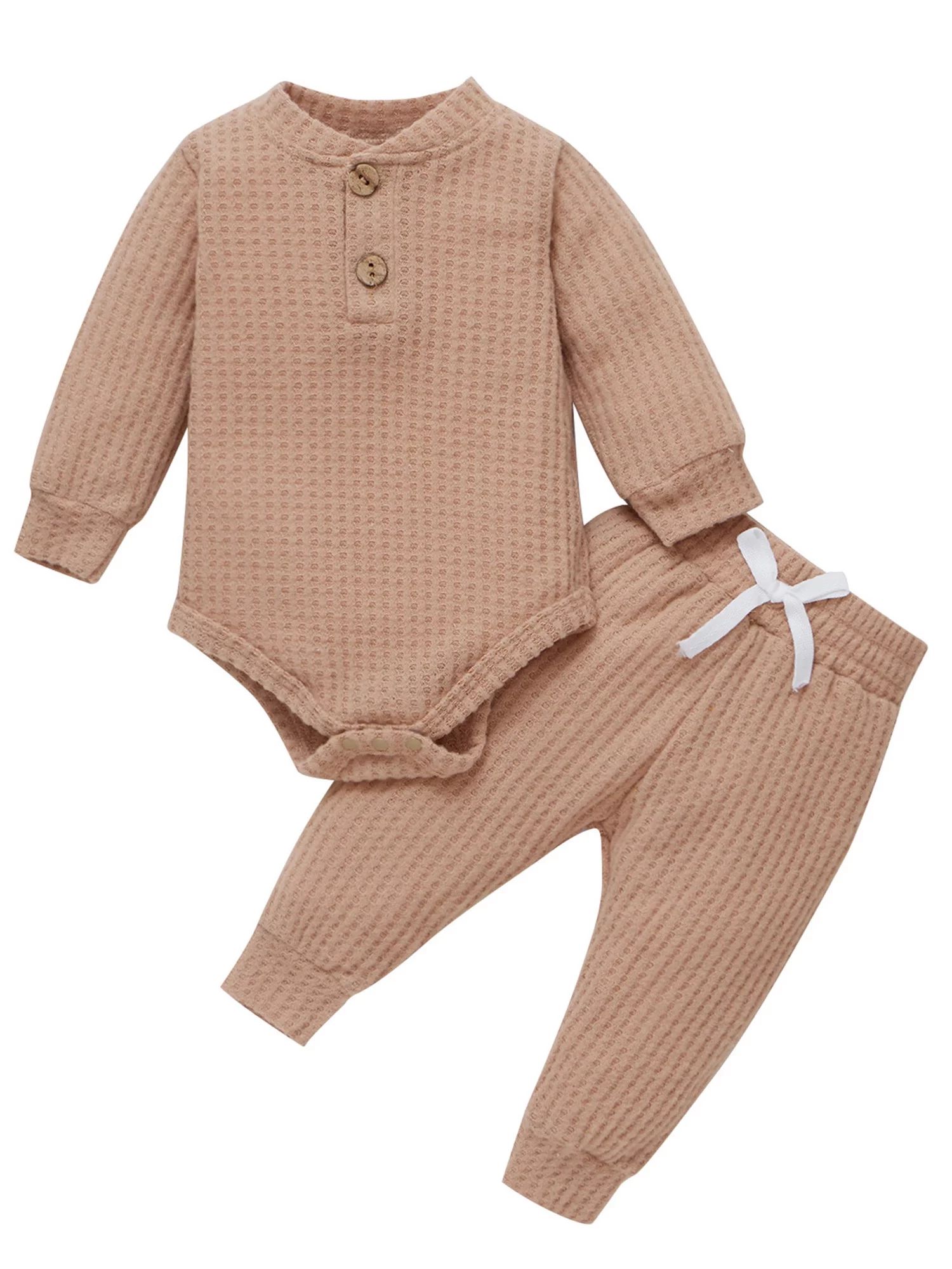 Canrulo Newborn Baby Girls Fall Winter Clothes Set Ribbed Knit Long Sleeve Romper Tops Pants 2PCS... | Walmart (US)