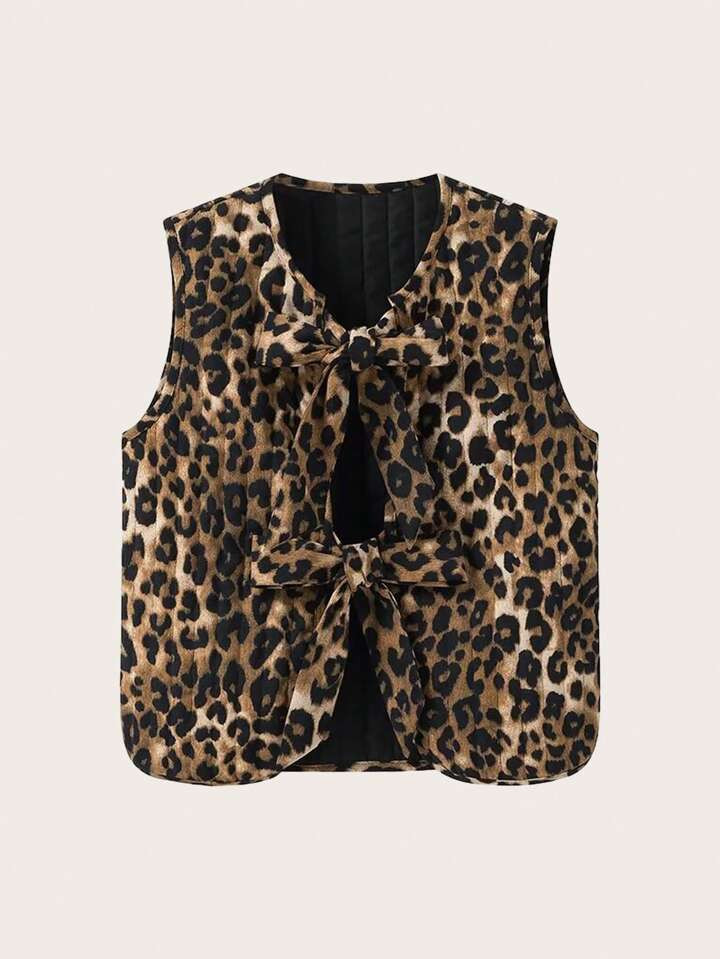 Women's Summer Corduroy Leopard Print Vest Jacket With Belt | SHEIN