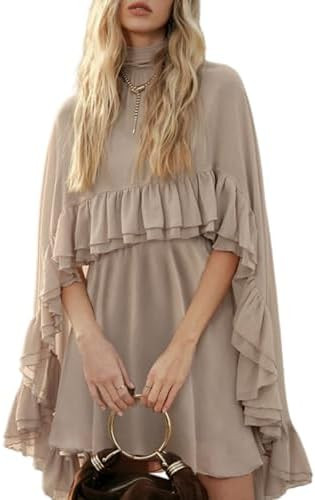 Women's Semi-Sheer Chiffon Ruffle Poncho Sleeve Dress Coffee Color Stand Collar with Outer Cape f... | Amazon (US)