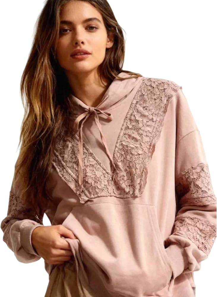Women’s Fall Patchwork Lace Hoodie,Long Sleeve Ruffle Trim Sweatshirt with Kangaroo Pocket | Amazon (US)