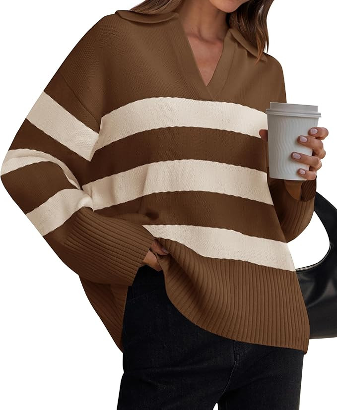 ZESICA Women's 2024 Winter Striped Sweaters Lapel V Neck Long Sleeve Chunky Knit Oversized Pullov... | Amazon (US)