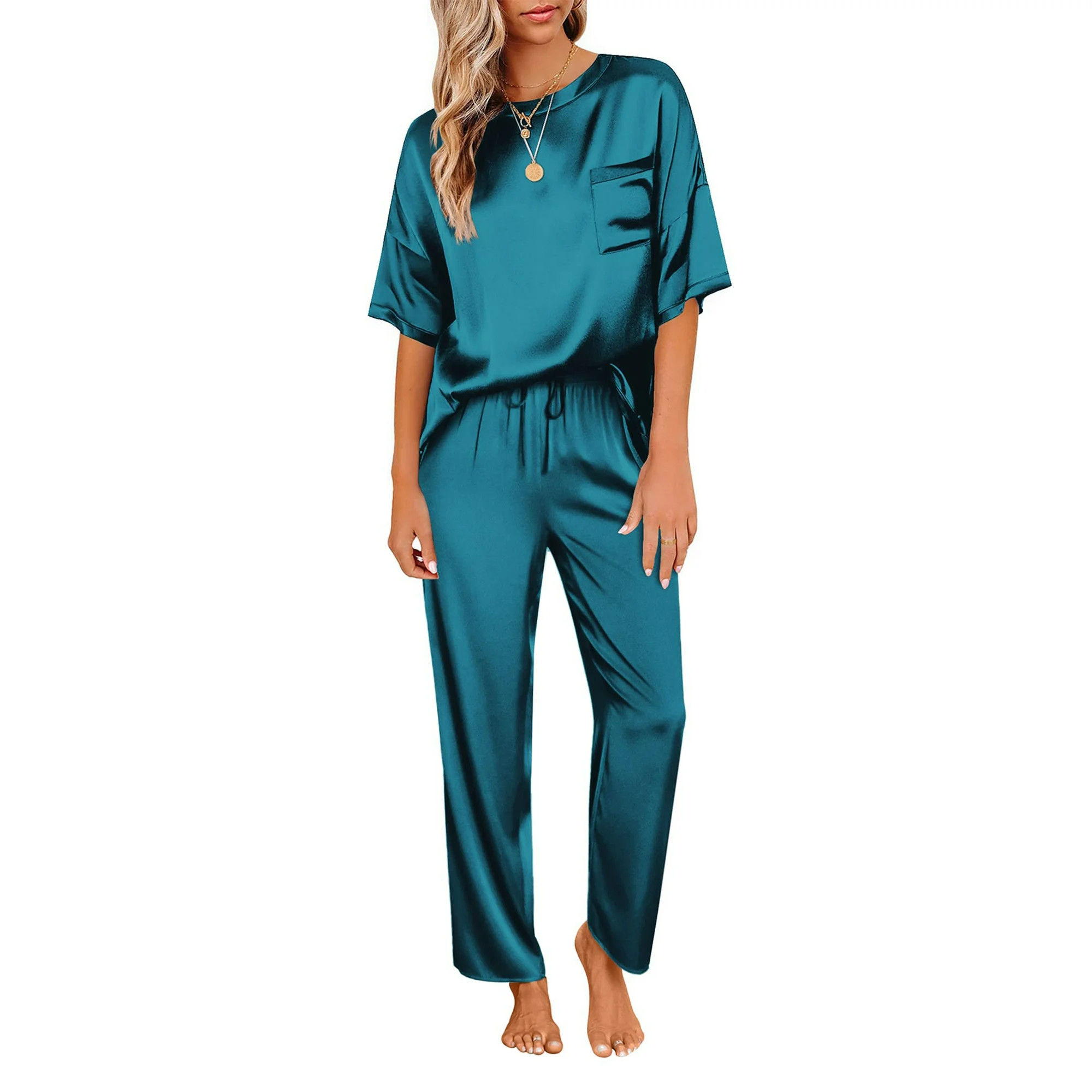 DAKIMOE Womens Silk Satin Pajama Set Short Sleeve Shirt with Long Pajama Pant Set Two-piece Pj Se... | Walmart (US)