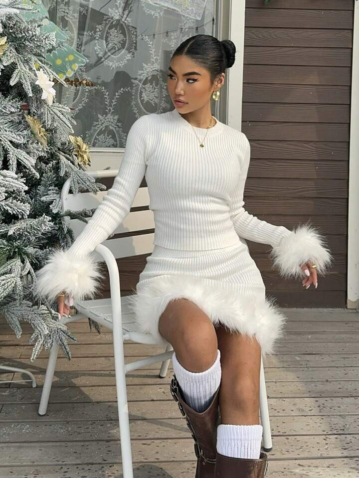 SHEIN EZwear 2 pezzi Completo casual ed elegante da donna, composto da maglione a coste aderente ... | SHEIN