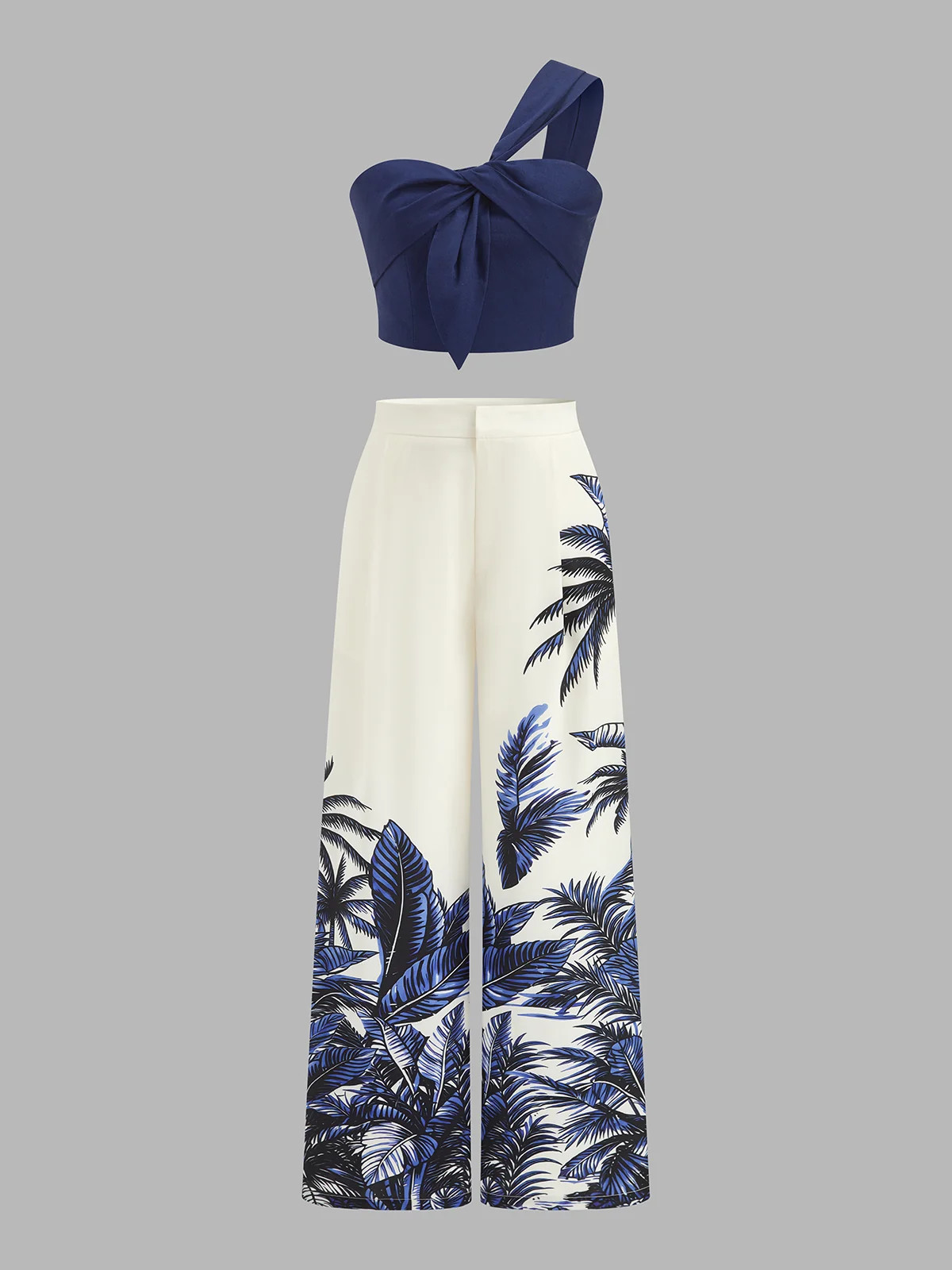 One-Shoulder Top & Tropical Print Pants Set | Commense