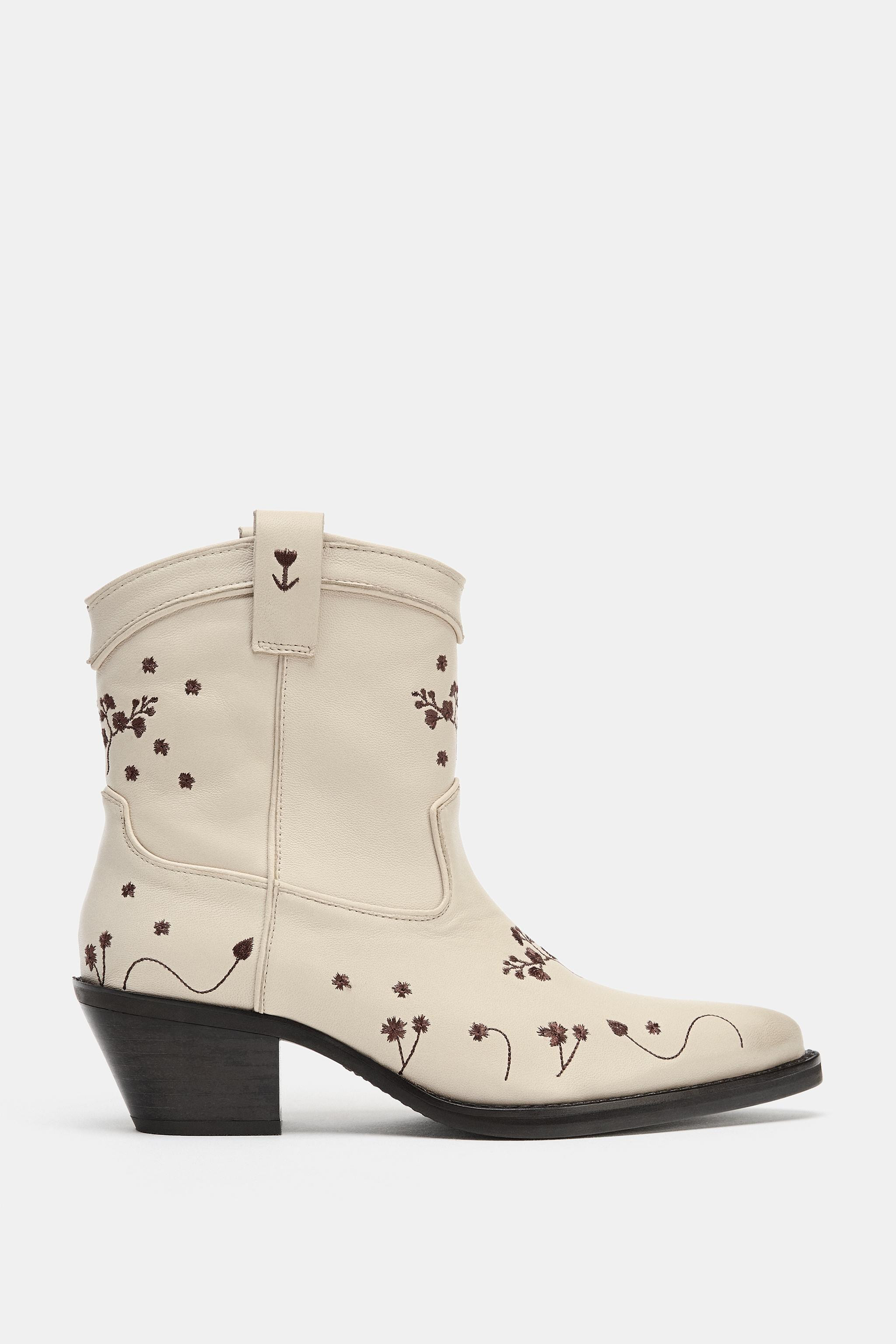 LEATHER EMBROIDERED COWBOY ANKLE BOOTS | Zara US