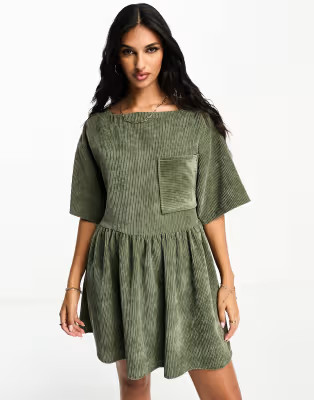 ASOS DESIGN cord t-shirt dress in khaki | ASOS (Global)