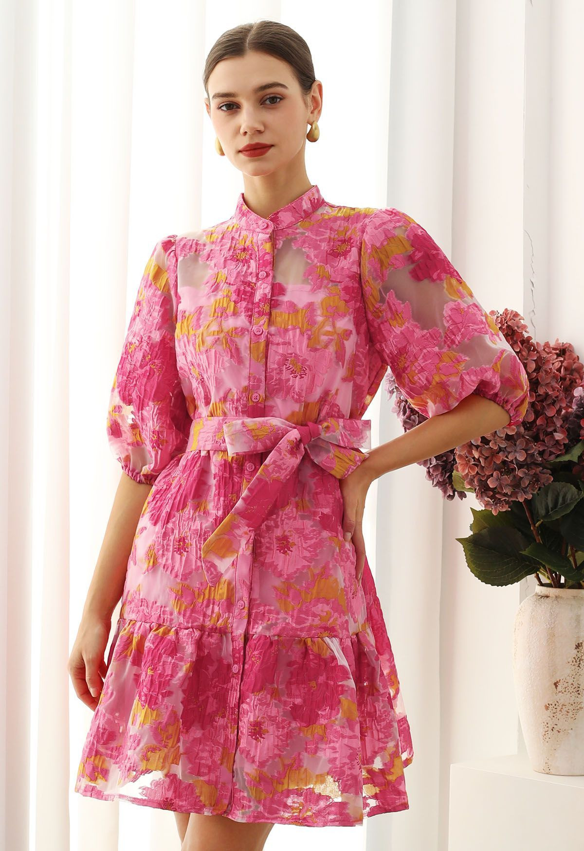 Floral Jacquard Puff Sleeves Organza Buttoned Belted Dolly Dress for Garden Parties & Brunch | Chicwish