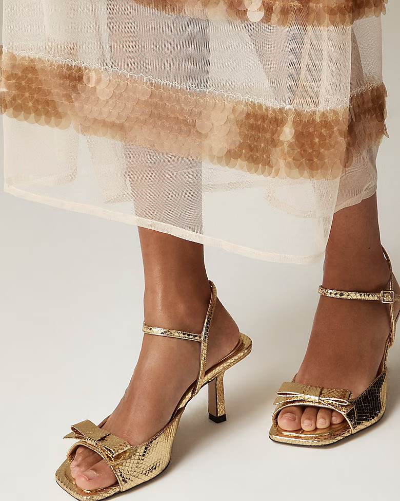 Leni made-in-Spain bow heels in metallic snake-embossed leather | J. Crew US