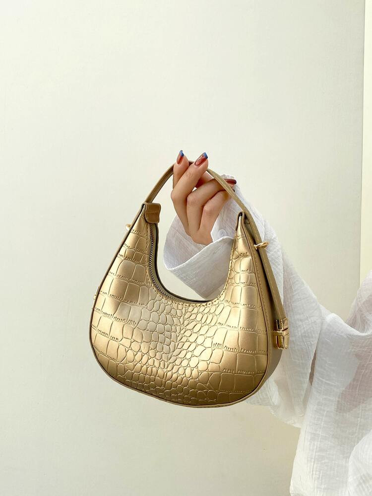 Metallic Crocodile Embossed Hobo Bag | SHEIN