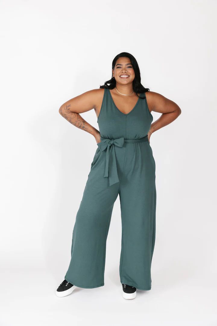 Belted Tuesday Wide Leg Romper (Terry) in Spruce | SMASH+TESS CA
