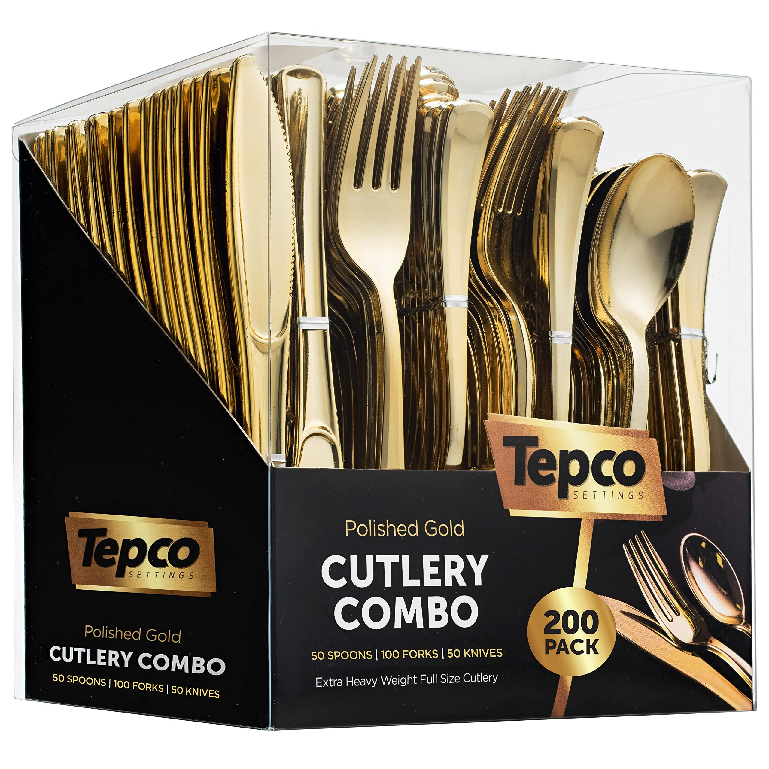 200-Piece Gold Plastic Cutlery Set - Disposable Gold Flatware - 100 Forks, 50 Spoons, 50 Heavy Du... | Amazon (US)