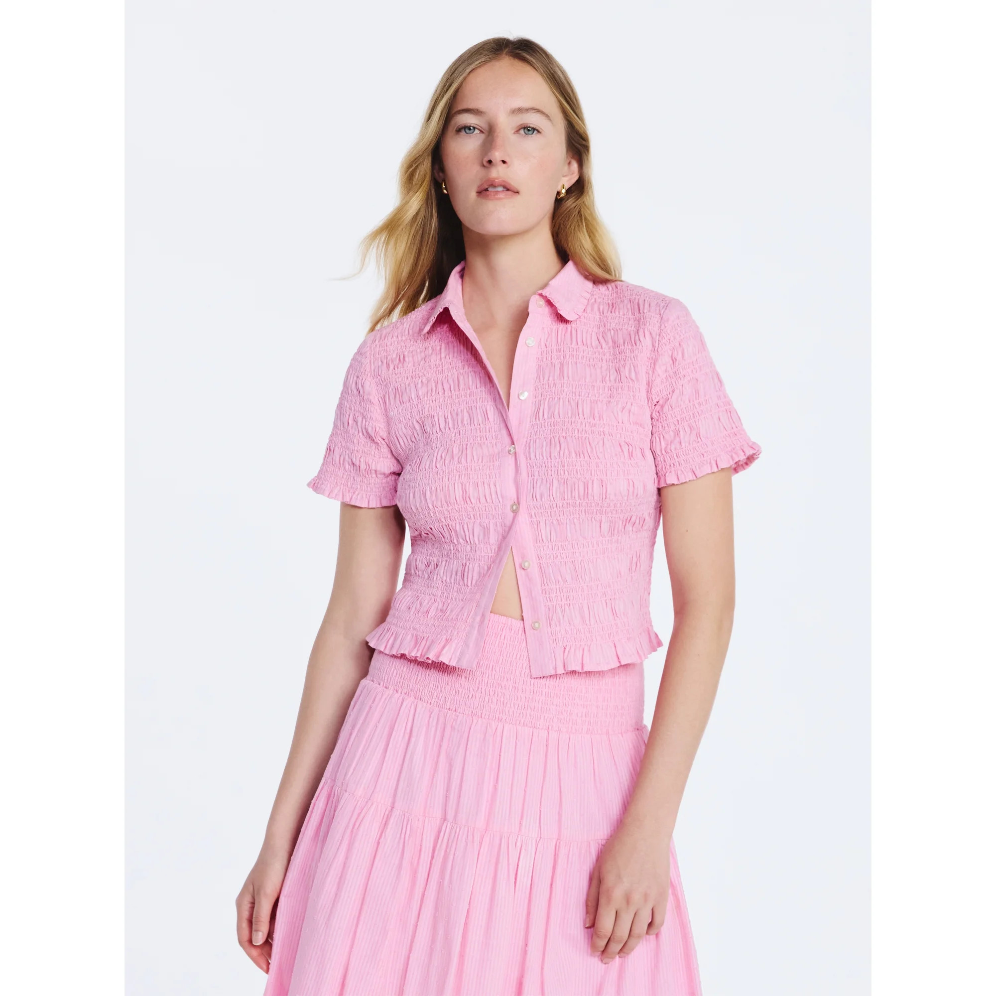 Free Assembly Women's Smocked Cotton Button Front Shirt with Short Sleeves XS-XXL | Walmart (US)