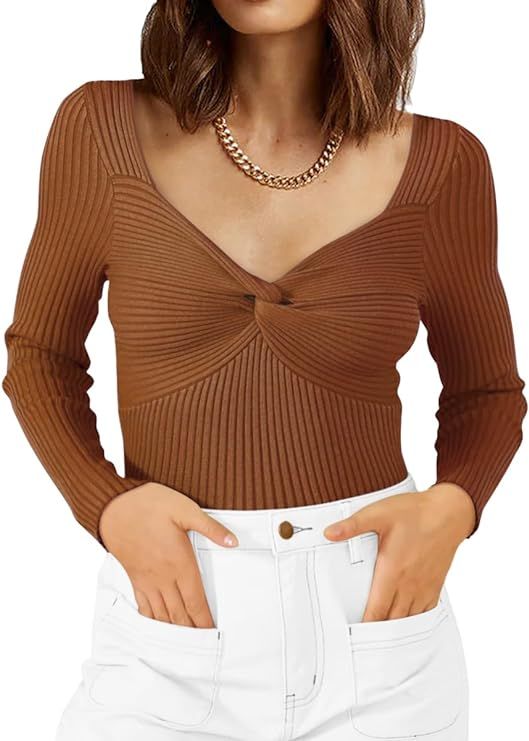 LILLUSORY Women's 2023 Fall Clothes Sexy Twist Knot Top Ribbed Knit Going Out Long Sleeve Y2k Pul... | Amazon (US)
