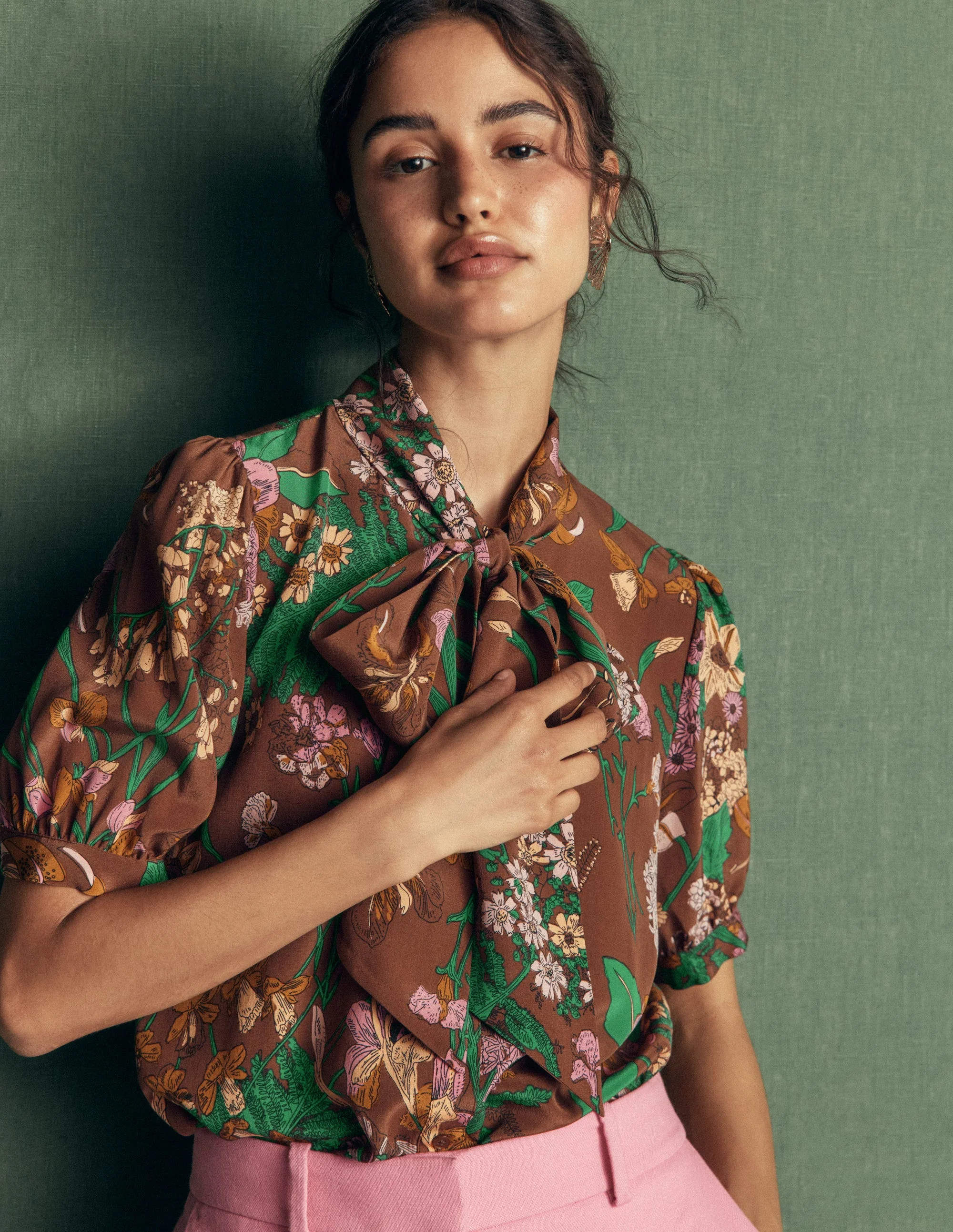 Tie Neck Silk Top-Woodland, Whimsical Flora | Boden (US)