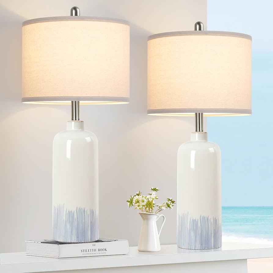 26" Ceramic Table Lamps Set of 2, Coastal Living Room Table Lamps with Cream Fabric Shades, Large... | Amazon (US)