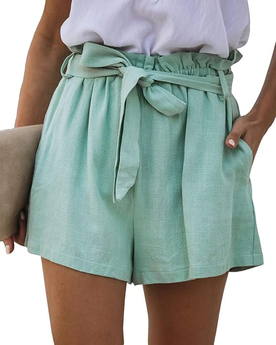 ReachMe Womens Casual Paperbag Waist Shorts with Pockets Ruffle Elastic Tie Waist Summer Shorts | Amazon (US)