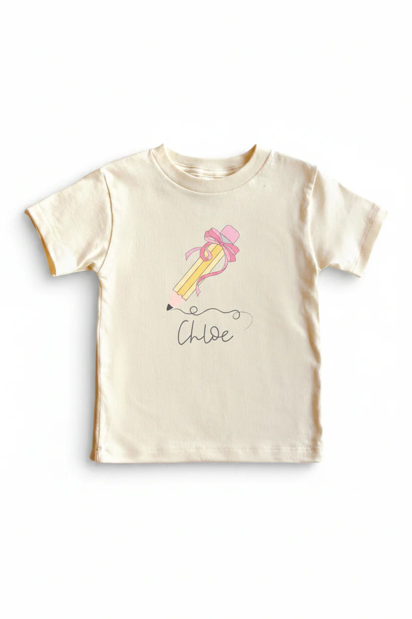 Personalized Pencil Bow Kids Graphic Tee | Natural | Caden Lane