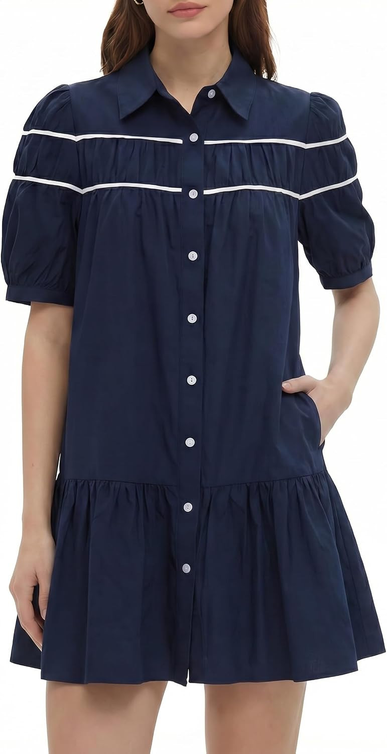 EZAPINE Womens Babydoll Puff Sleeve Dress Button Down Color Block Summer Short Sleeve Mini Shirt Dress with Pockets | Amazon (US)