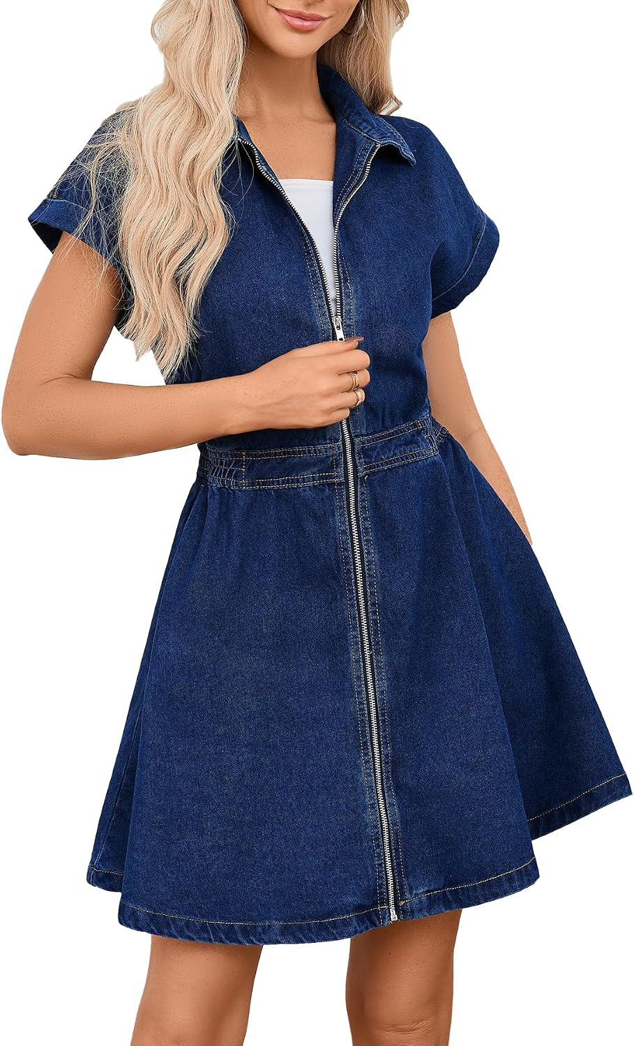 Ladyful Women's Zip Up Denim Mini Dress Collared Short Jean Dresses | Amazon (US)