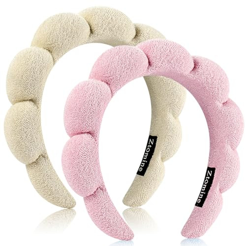 Ztomine Headband, Set of 2 - Terry Cloth Spa Headbands for Washing Face or Facial, Puffy Makeup Headbands for Face Washing, Mask - 1 Beige + 1 Pink | Amazon (US)