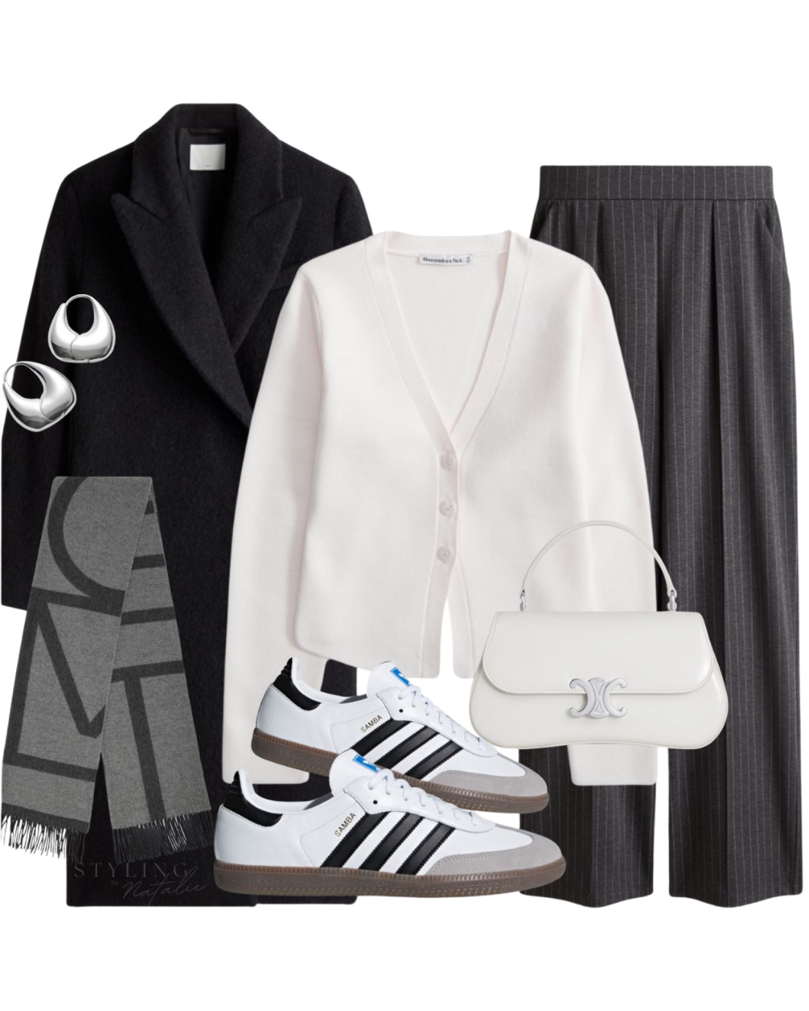 Tonal winter outfit-
Black wool coat, white cardigan, pinstripe pull on trousers, Adidas Samba trainers, toteme scarf and silver earrings.
Casual everyday outfit, workwear, grey outfit, casual chic, office

#LTKworkwear #LTKeurope #LTKstyletip