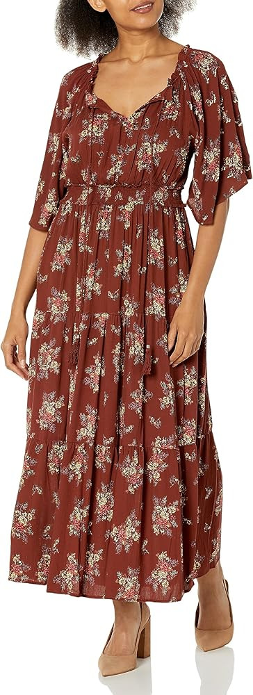 Angie Women's Short Sleeve Tie Neck Cinch Waist Maxi Dress | Amazon (US)