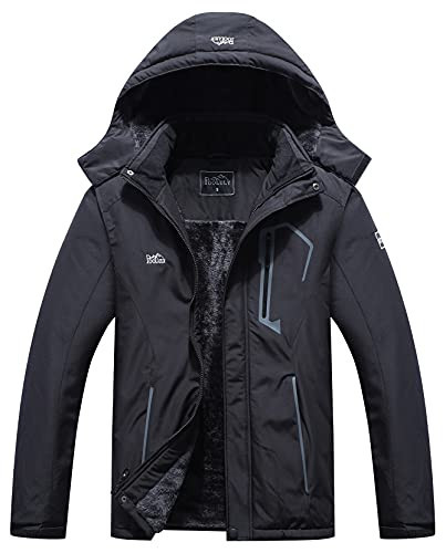 Pooluly Men's Ski Jacket Warm Winter Waterproof Windbreaker Hooded Raincoat Snowboarding Jackets Black-M | Amazon (US)