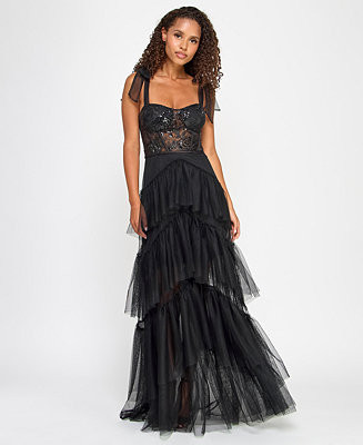 City Studios Juniors' Sequin-Corset Tie Shoulder Layered-Skirt Gown, Created for Macy's - Macy's | Macy's
