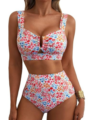 Herseas Women 2 Piece High Waisted Bikini Sets U Wire Cutout Floral Print Slimming Adjustable Wide Straps V Neck Bathing Suits Sexy Charming Beach Swimwear for Teen Girls Multicolor Floral XX-Large | Amazon (US)