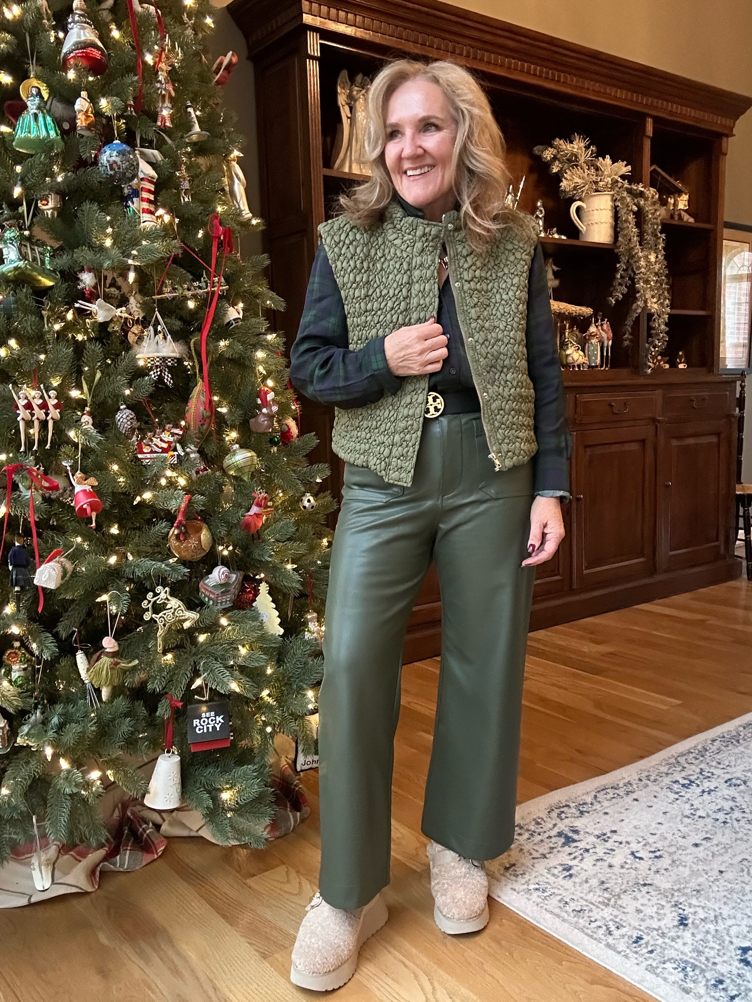 Love these Colette faux leather pants! They’ve just been restocked! Wearing a size 29

Blouse size large (it’s final sale but just size up. It will work!)
Vest size large also comes in cream and navy. 15% off code NANETTE15

Sherpa clogs are tts 

Anthropologie style anthro style wide leg faux leather pants current air winter layers holiday casual 

#LTKHoliday #LTKOver40 #LTKMidsize