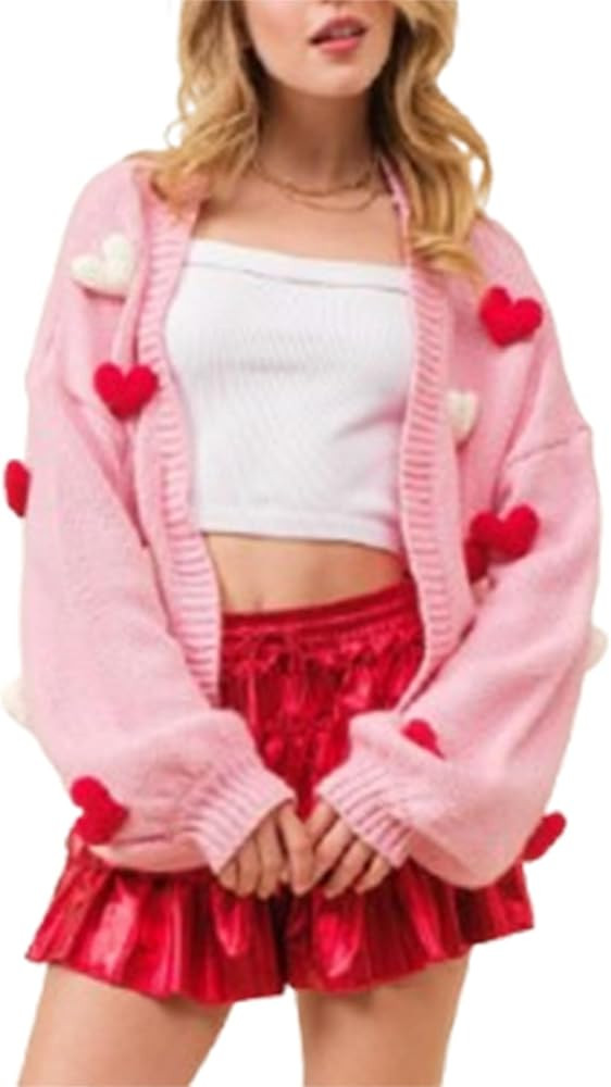 Women's Valentine Heart Patterns Crochet Cardigan Long Sleeve V Neck Knit Sweater 3D Bow Button U... | Amazon (US)