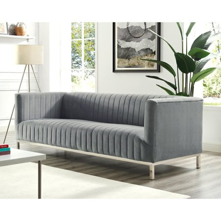 Inspired Home Patrick Velvet Sofa Line Stitch Tufted Tuxedo Stainless Steel Chrome Legs Grey/Chrome | Walmart (US)