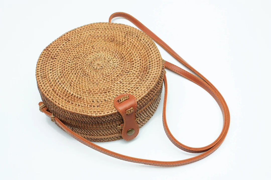 Handmade in Bali Round REAL Rattan Bag, Large 8 Diameter Round Straw Purse Handwoven Shoulder Pur... | Etsy (US)