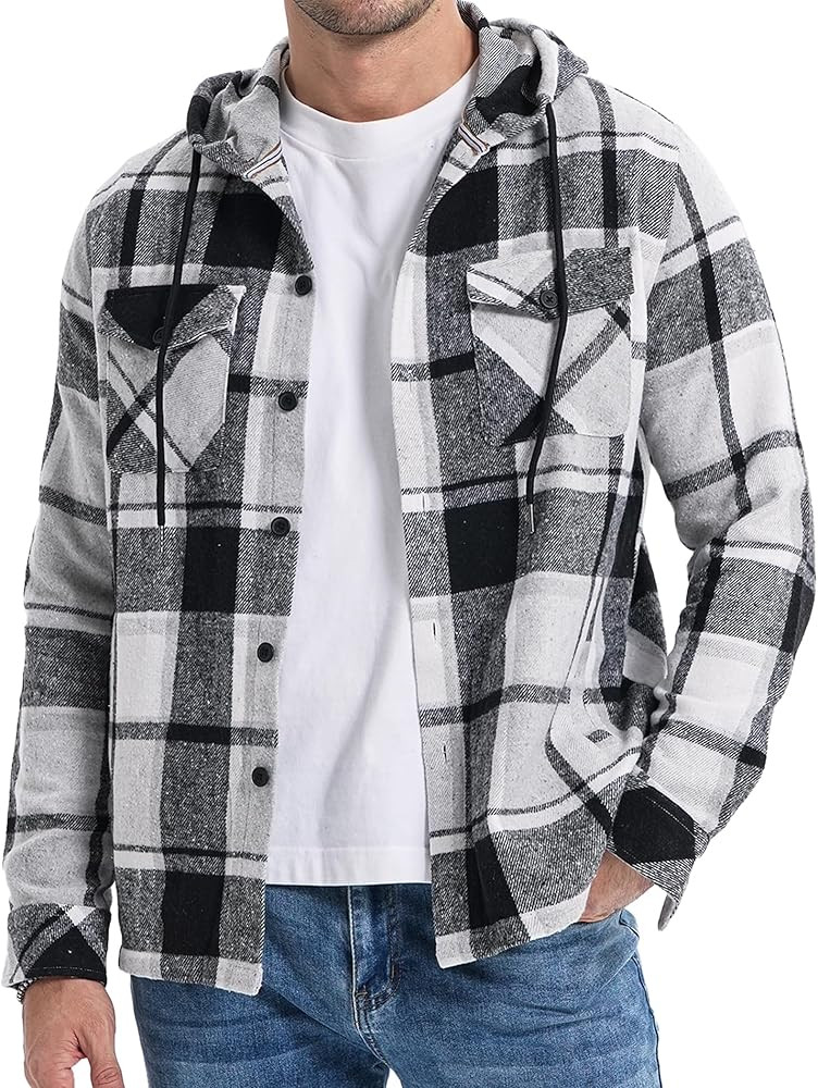 JMIERR Mens Cotton Flannel Shirts Casual Button Down Hoodie Plaid Shirt Long Sleeve Lightweight J... | Amazon (US)