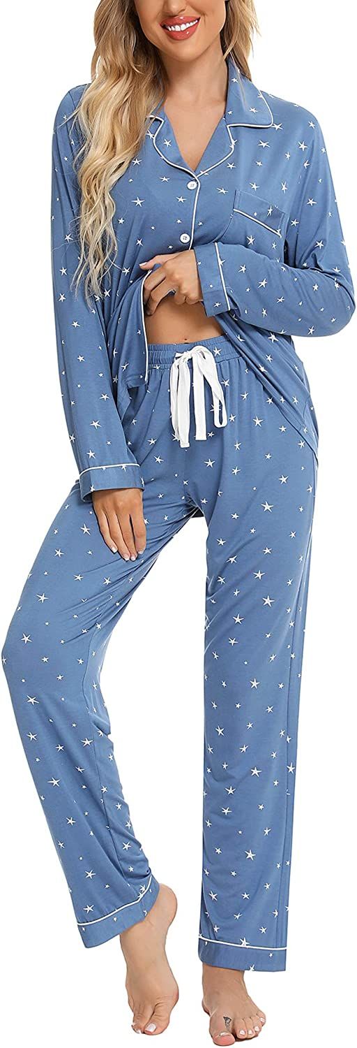 Samring Women's Button Down Pajama Set V-Neck Long Sleeve Sleepwear Soft Pj Sets S-XXL | Amazon (US)