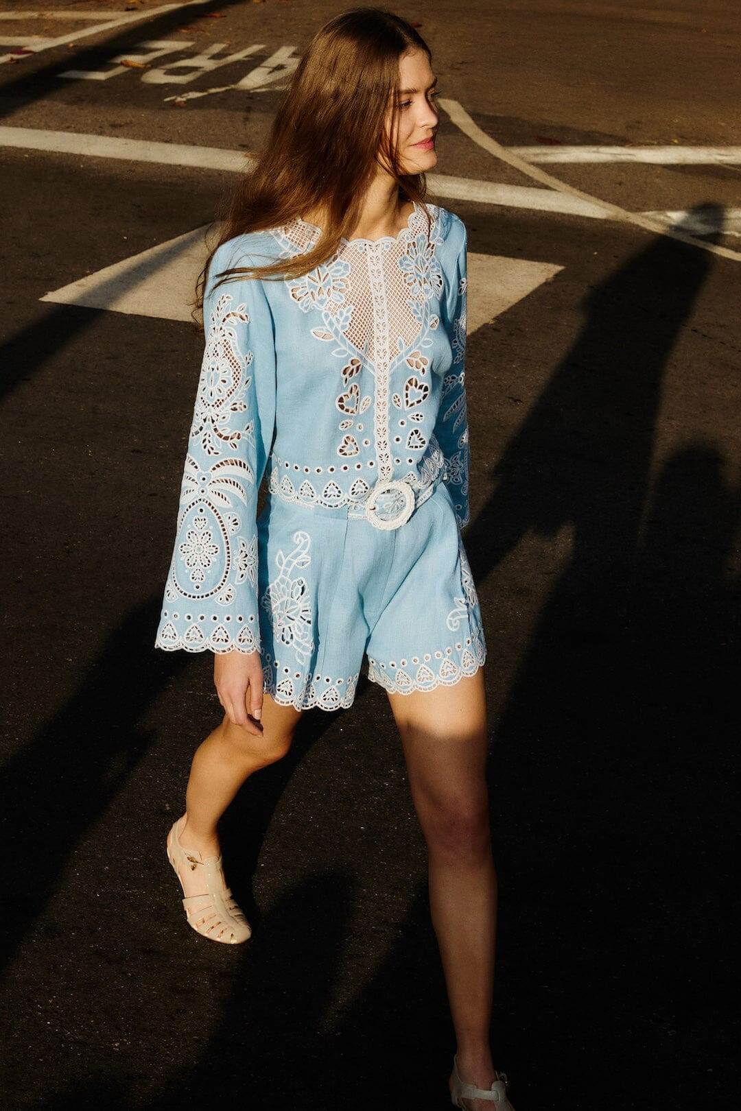 Light Blue Romantic Richelieu Euroflax Premium Linen Blouse | FARM Rio | FarmRio (US)