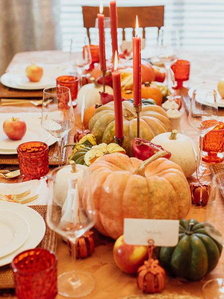 Not only are we getting ready for all the delicious thanksgiving food, but we are making sure the table is ready to impress! Note the centerpiece is all real pumpkins, gourds, and pomegranates.

#LTKHoliday #LTKhome #LTKSeasonal