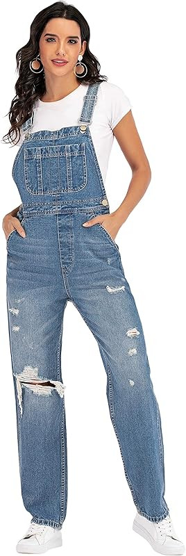 Women's Denim Bib Overalls Adjustable Straps Ripped Distressed Loose Fit Jeans Jumpsuit | Amazon (US)