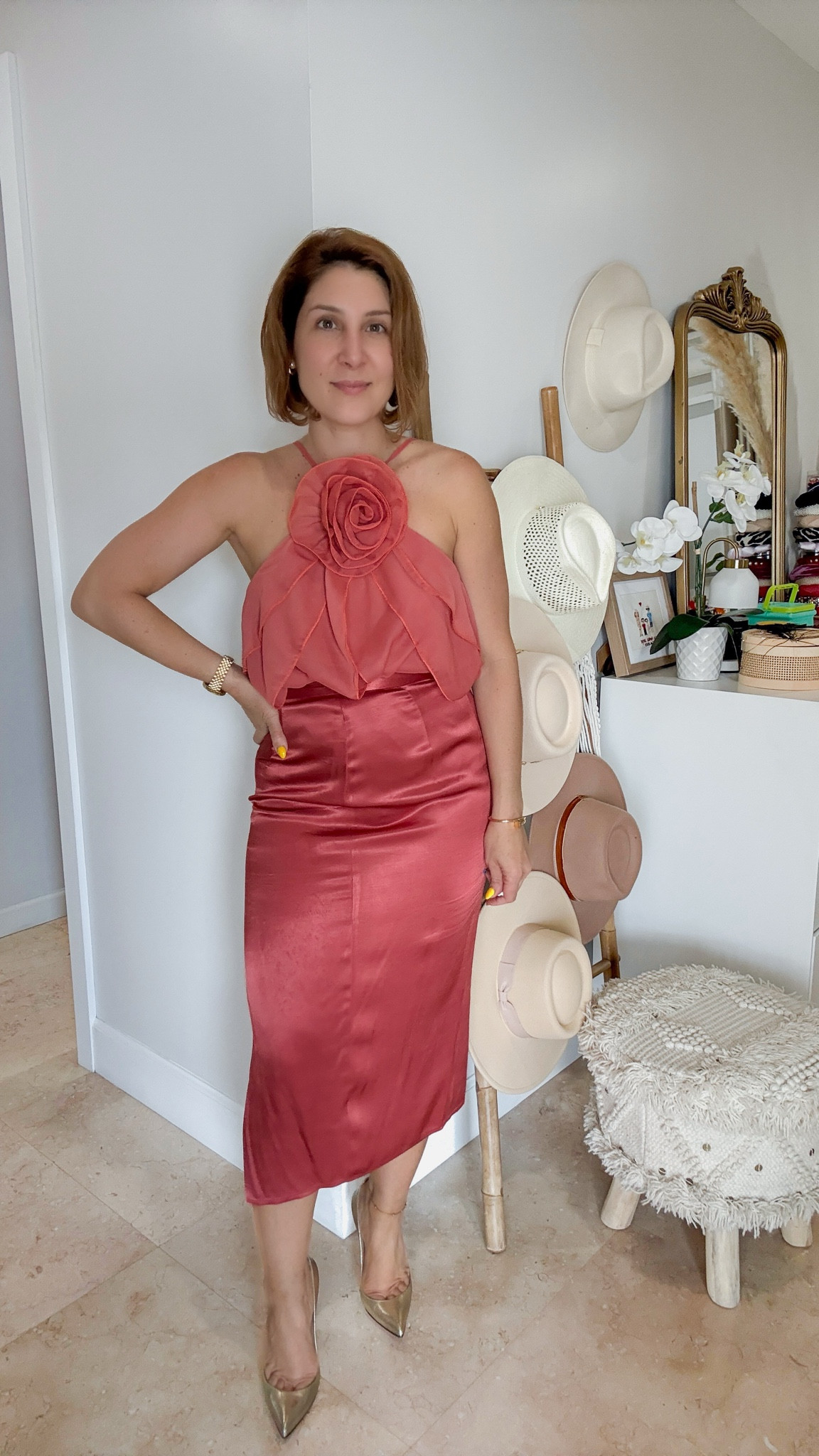 Floral ruffle halter top with satin pencil skirt 