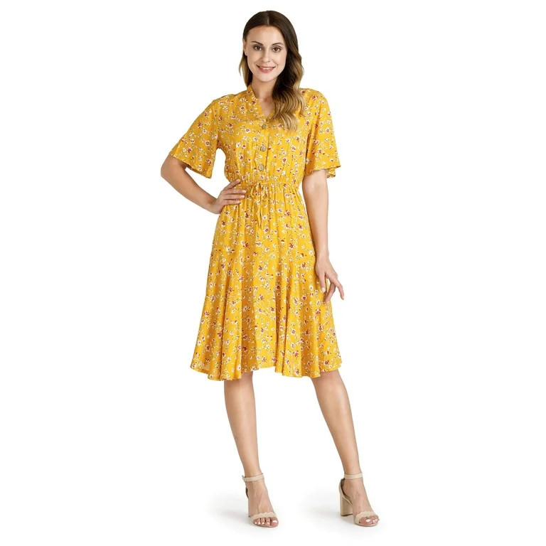 MECALA Womens Floral Dress Short Sleeve a-Line Knee Length Ruffle Midi Dress Yellow L | Walmart (US)