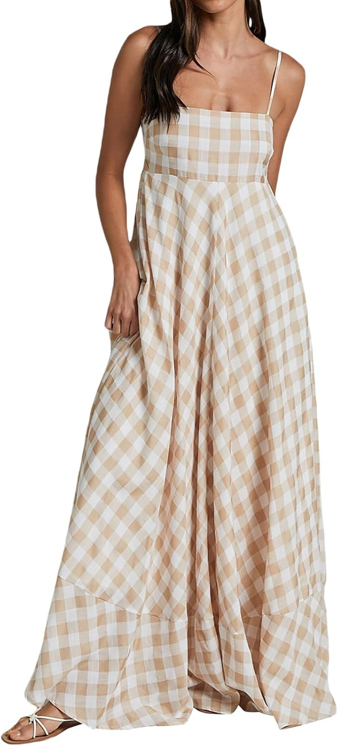 Women Gingham Maxi Dress Sleeveless Flowy Ruffle Checkered Long Dresses Spaghetti Strap Plaid Mid... | Amazon (US)