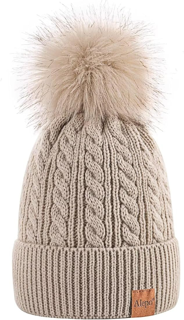 Alepo Womens Winter Beanie Hat, Warm Fleece Lined Knitted Soft Ski Cuff Cap with Pom Pom | Amazon (US)