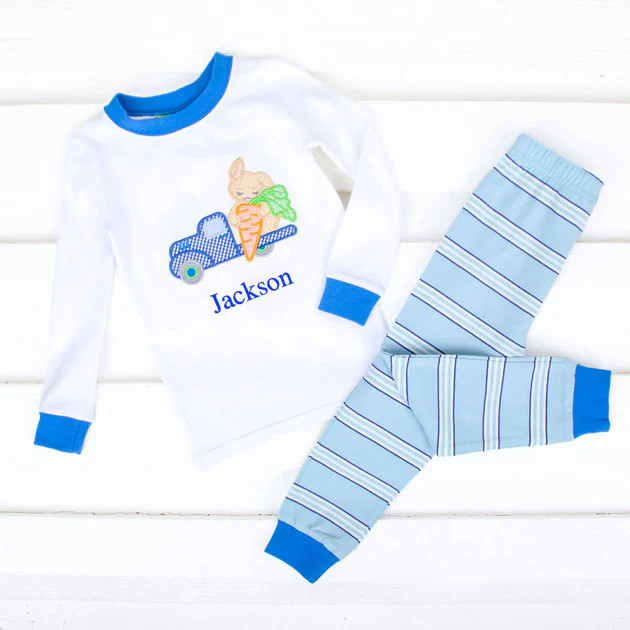 Cute Bunny Truck Blue Stripe Pajamas | Classic Whimsy