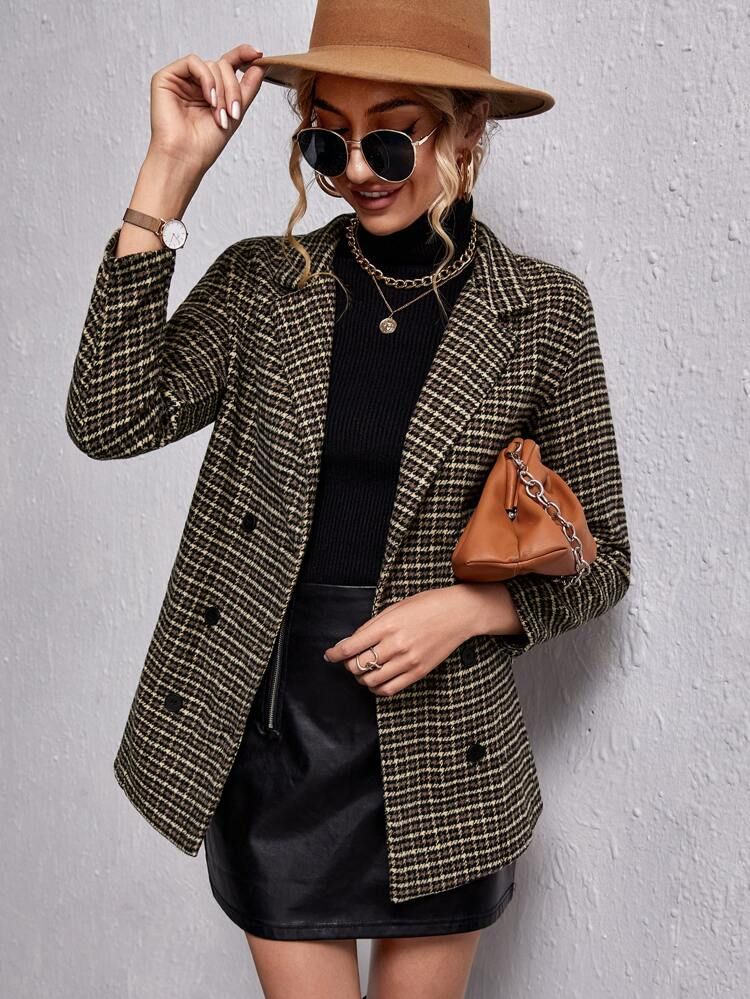 Wool-mix Houndstooth & Plaid Double Breasted Blazer | SHEIN
